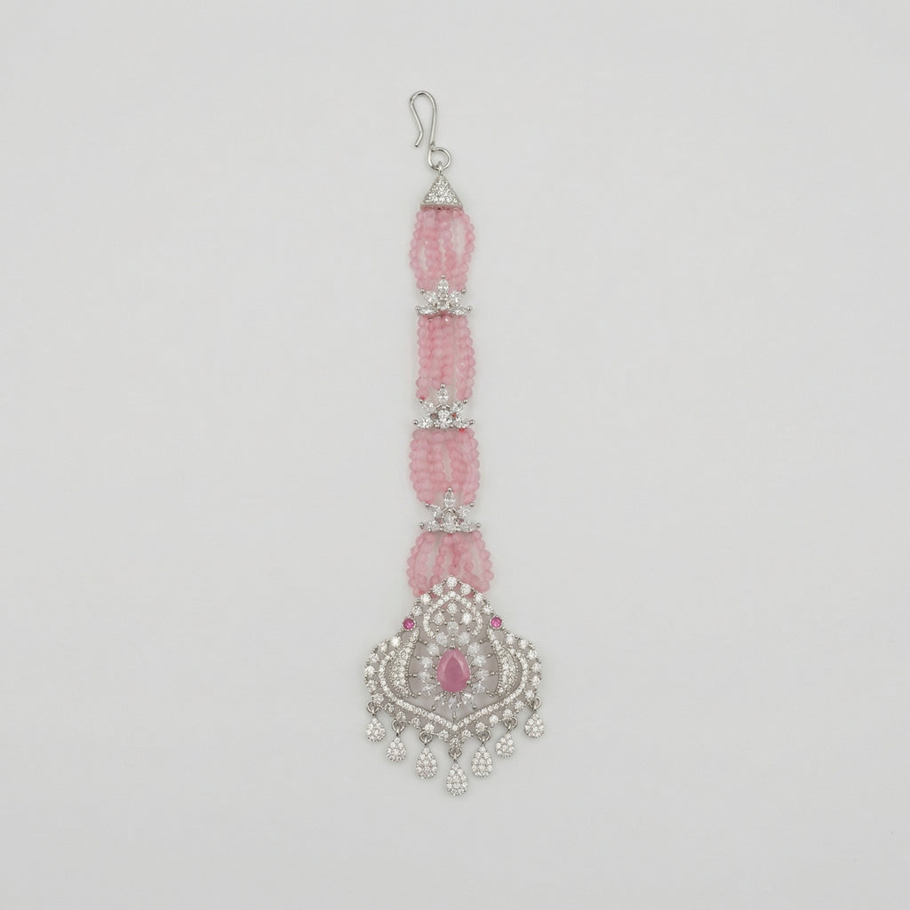 Rose Heirloom Tikka silver maang tikka with pink bead chain and filigree pink center pendant