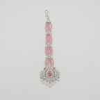 Rose Heirloom Tikka silver maang tikka with pink bead chain and filigree pink center pendant