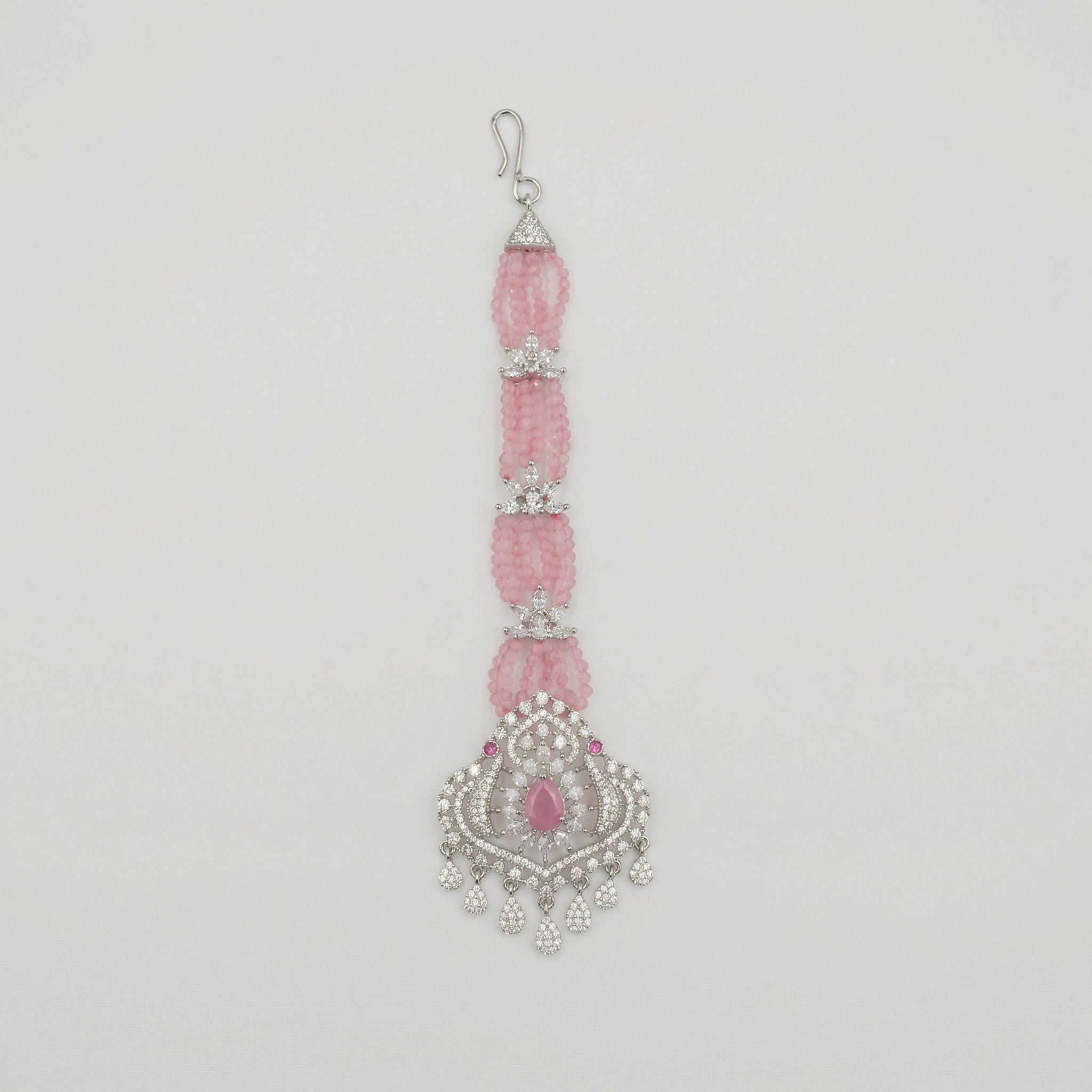 Rose Heirloom Tikka silver maang tikka with pink bead chain and filigree pink center pendant