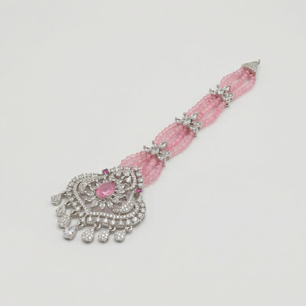 Rose Heirloom Tikka detail showing pink bead rows and teardrop crystal charm fringe