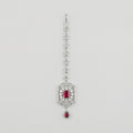 Rani Ruby Tikka silver maang tikka with ruby-red rectangular center stone on gray background