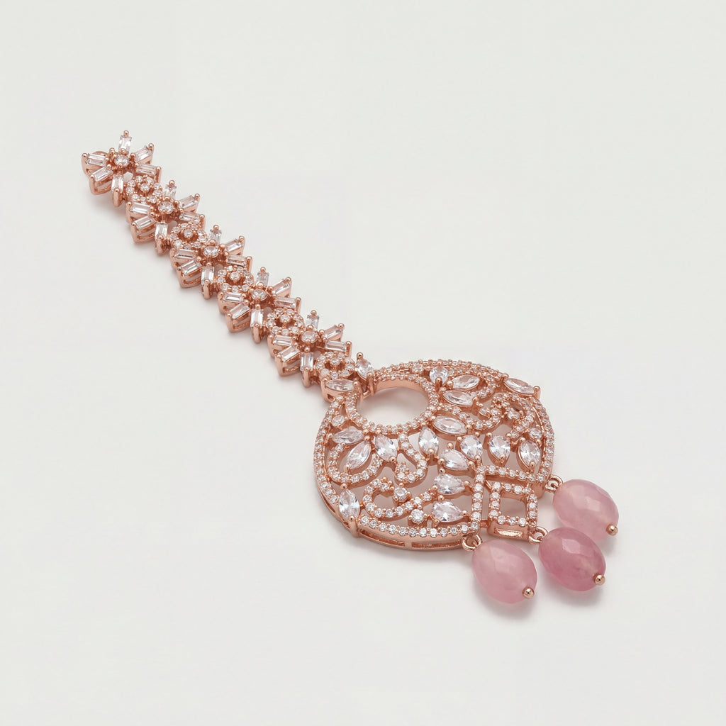 Blush Rosette Drop Tikka detail showing crystal link chain, filigree center, and pink bead fringe
