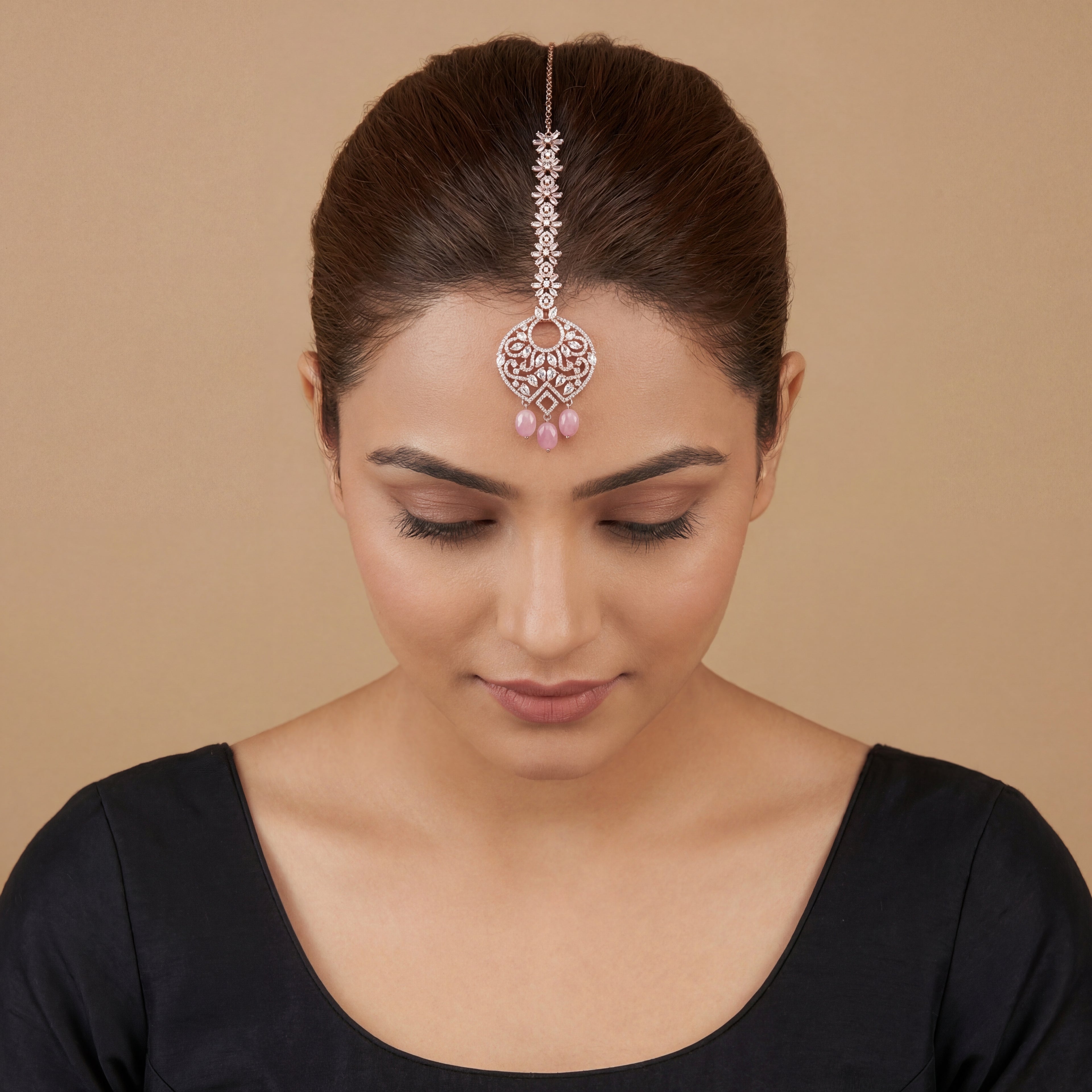 Blush Rosette Drop Tikka detail showing crystal link chain, filigree center, and pink bead fringe