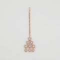 Rosette Frame Drop Tikka rose gold maang tikka with tiered square crystal frames on gray background