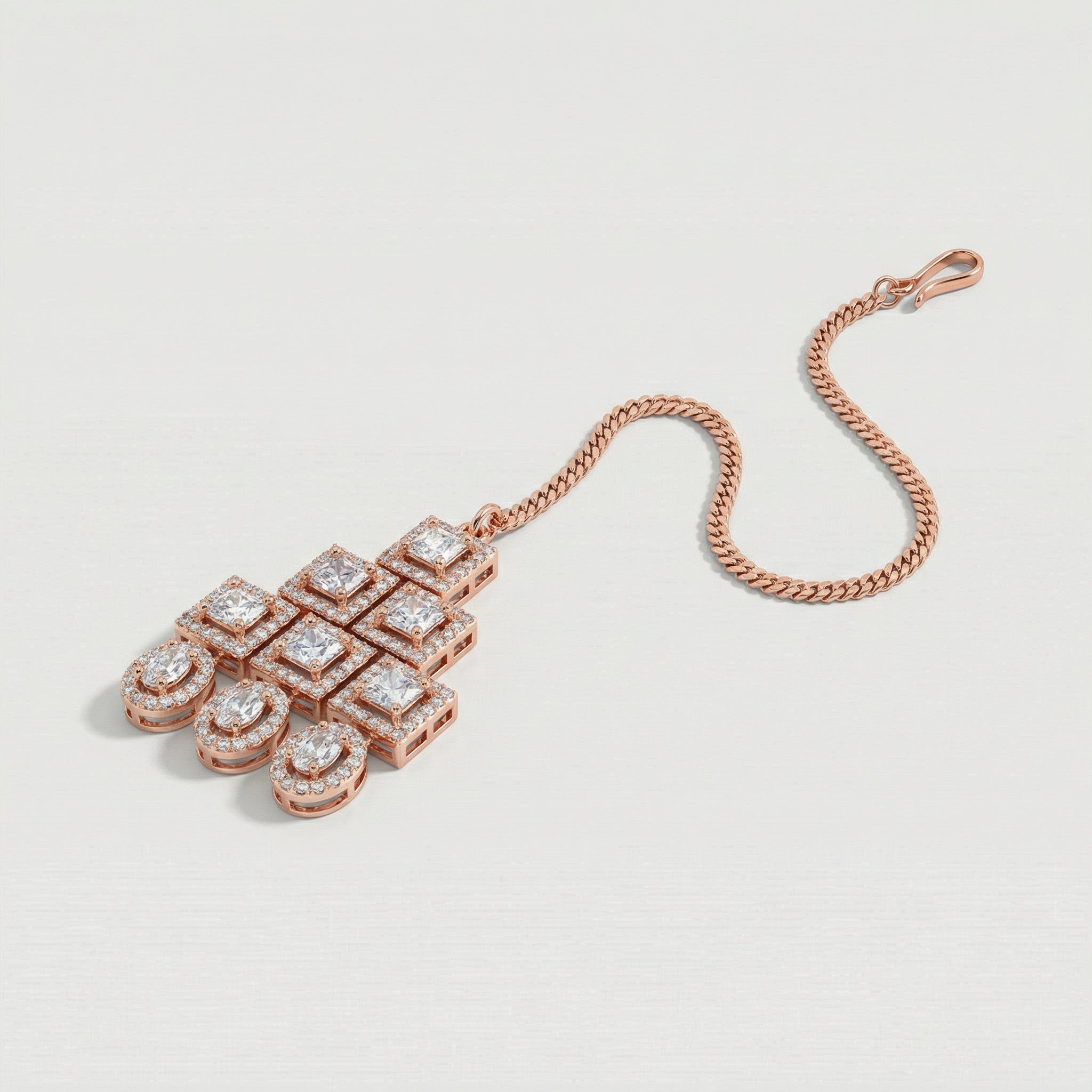 Rosette Frame Drop Tikka detail showing geometric rosette tiers and oval crystal drop charms