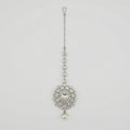 Silver Flora Pearl Tikka silver maang tikka with floral crystal pendant and pearl drop on gray background