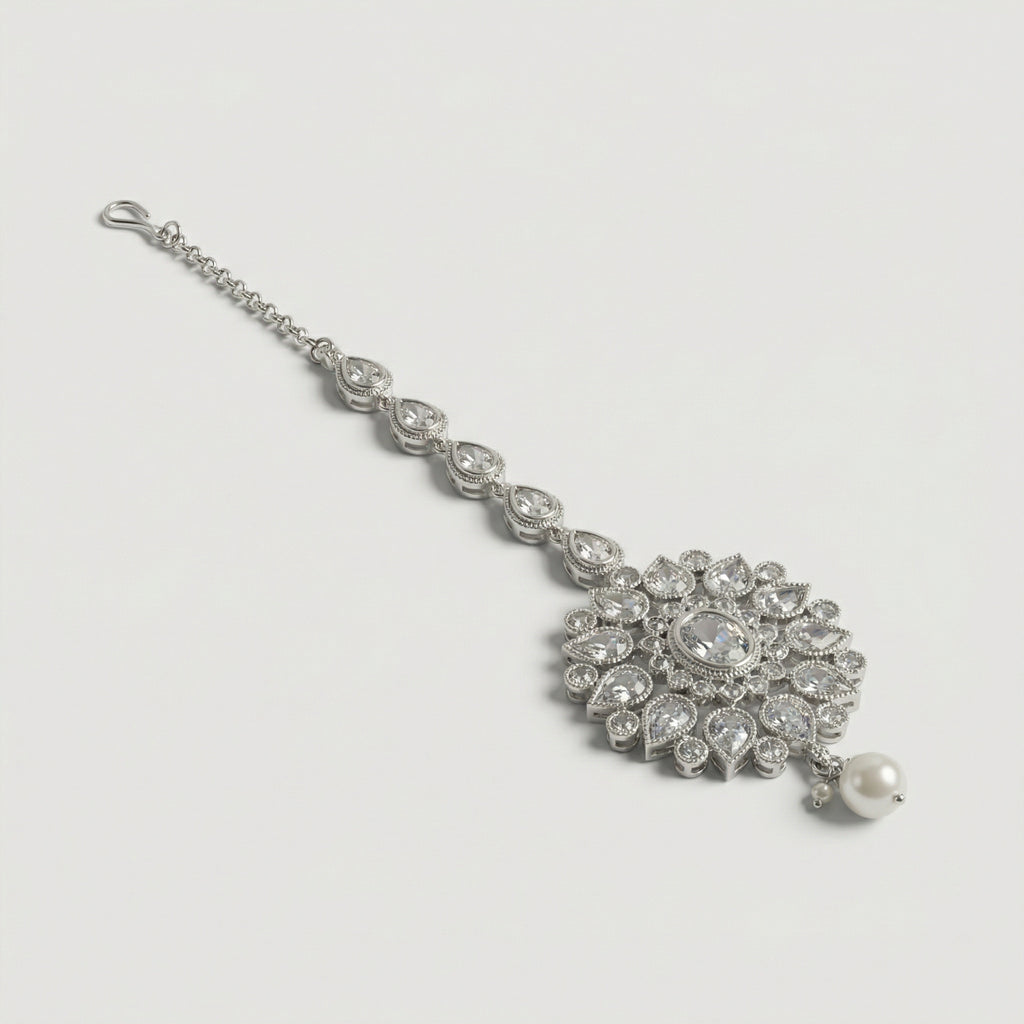 Silver Flora Pearl Tikka detail showing pear-cut crystal chain, floral center, and pearl drop