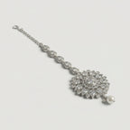 Silver Flora Pearl Tikka detail showing pear-cut crystal chain, floral center, and pearl drop