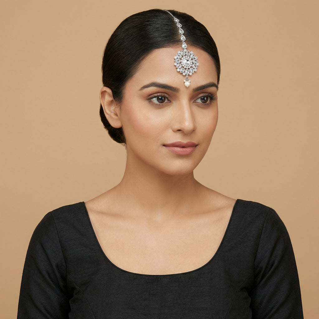 Silver Flora Pearl Tikka detail showing pear-cut crystal chain, floral center, and pearl drop