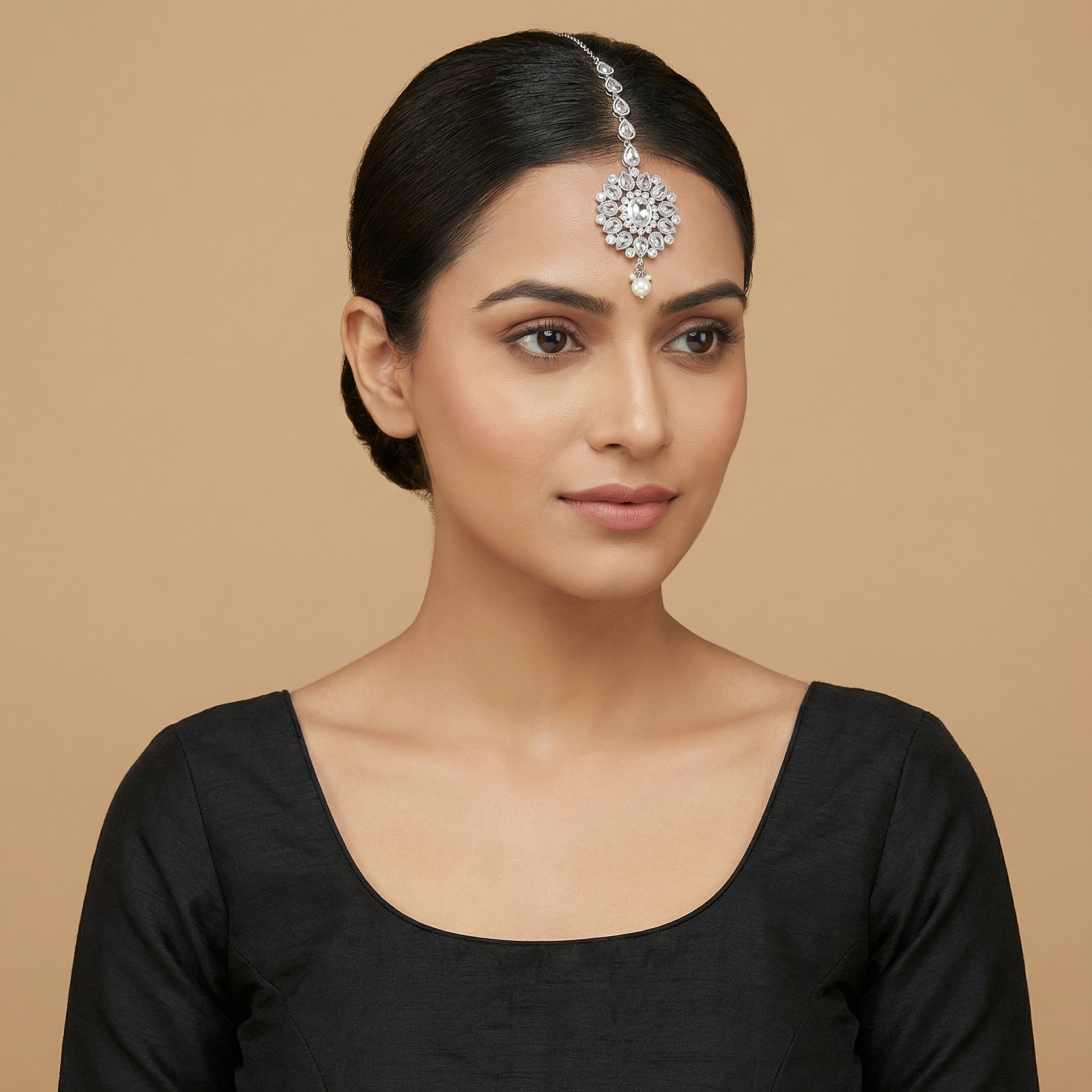 Silver Flora Pearl Tikka detail showing pear-cut crystal chain, floral center, and pearl drop