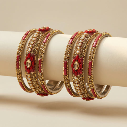 Crimson Gilded Bangles - Set of 6