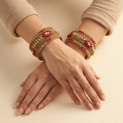 Crimson Gilded Bangles - Set of 6