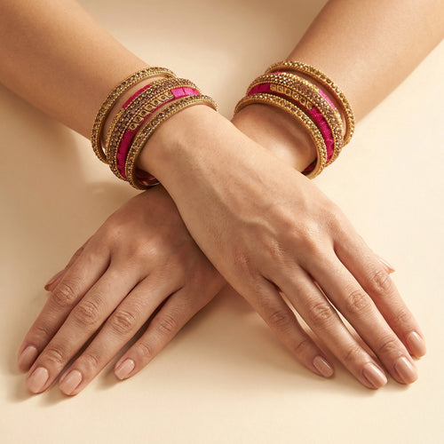 Gilded Magenta Bangles - Set of 6