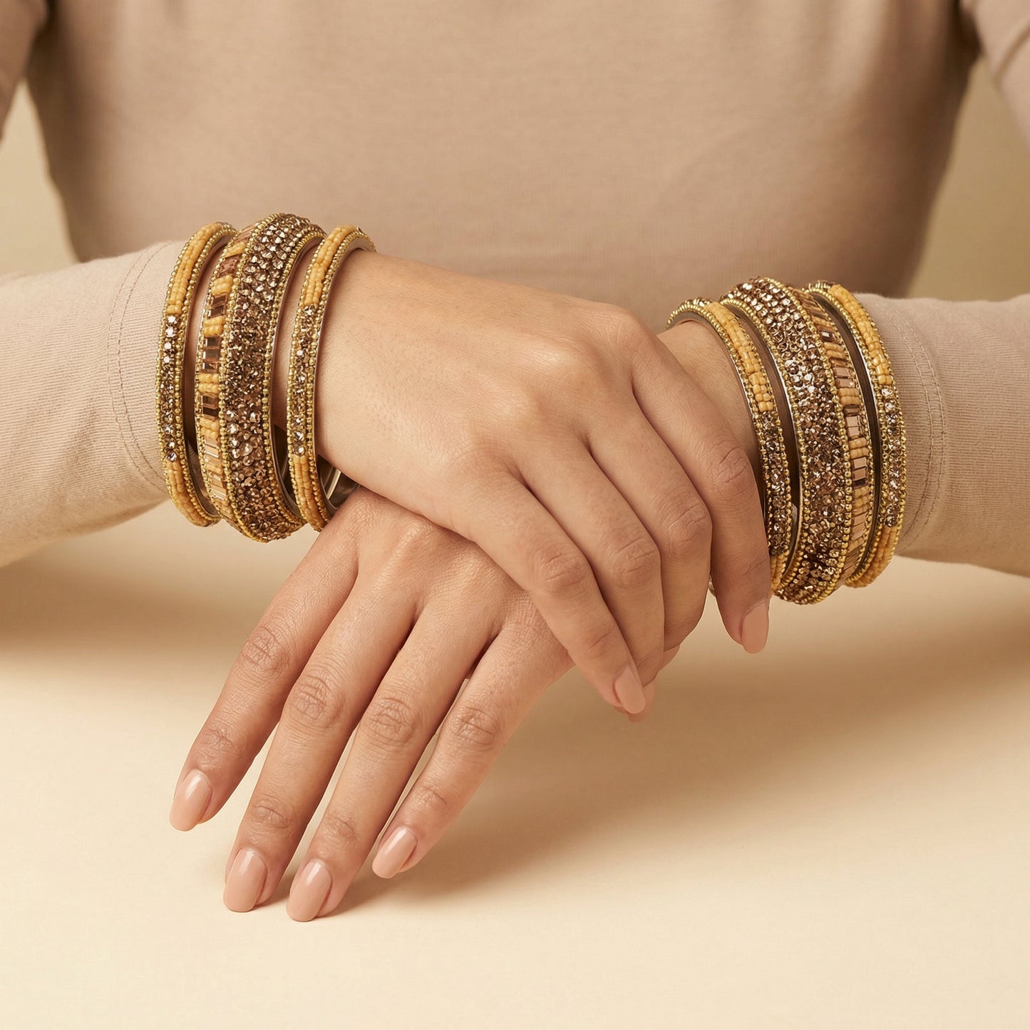 Antique Gold Embellished Bangles - Set of 6