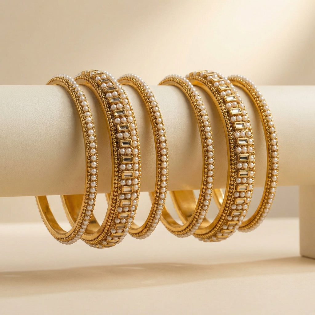 Luxe Pearl Kundan Bangles - Set of 6