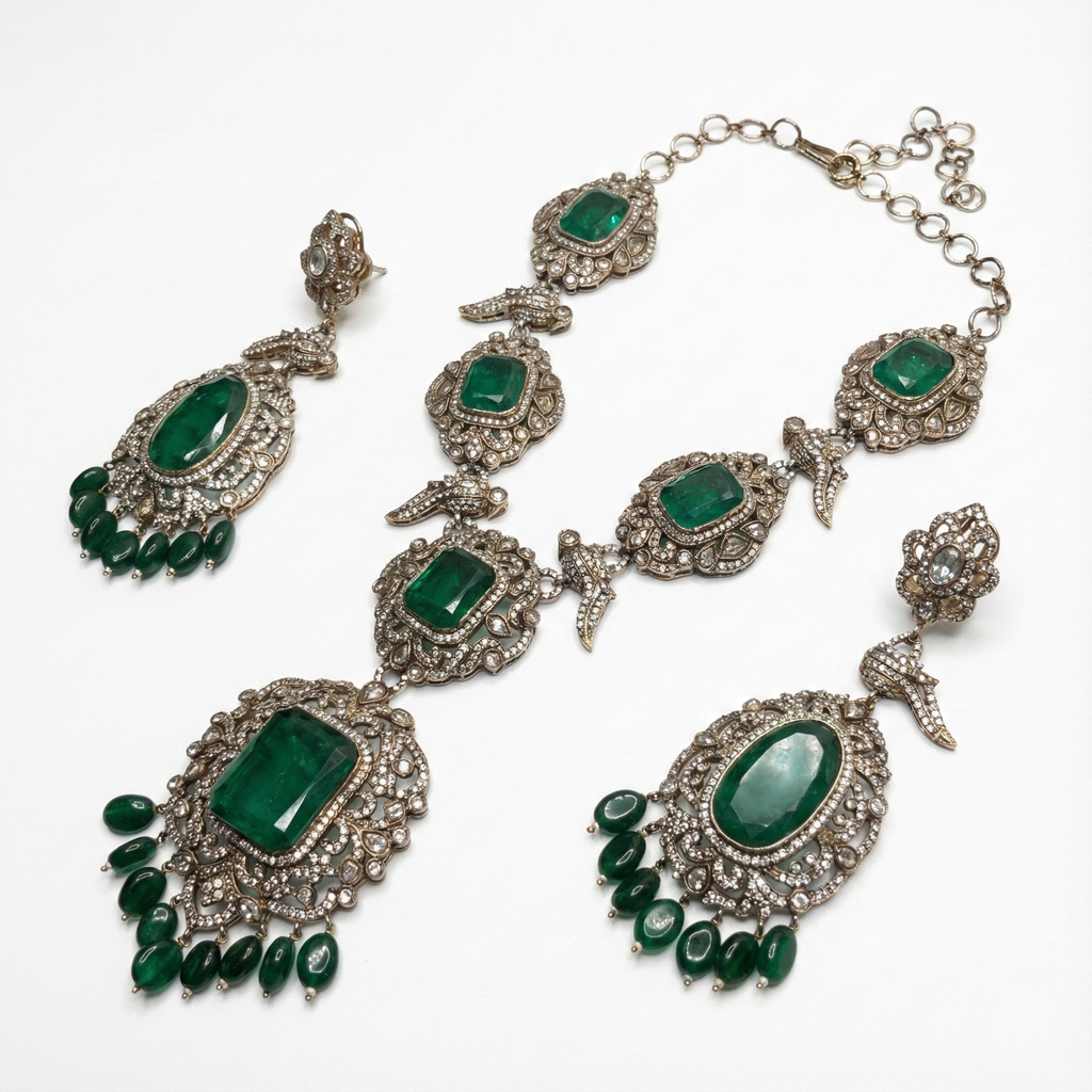 South Asian woman wearing the gold-tone emerald statement necklace with matching earrings — bridal look