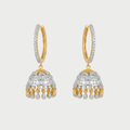 Sona-Ivory Halo Jhumkas two-tone gold jhumka hoops with baguette crystals on gray background