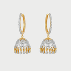 Sona-Ivory Halo Jhumkas two-tone gold jhumka hoops with baguette crystals on gray background