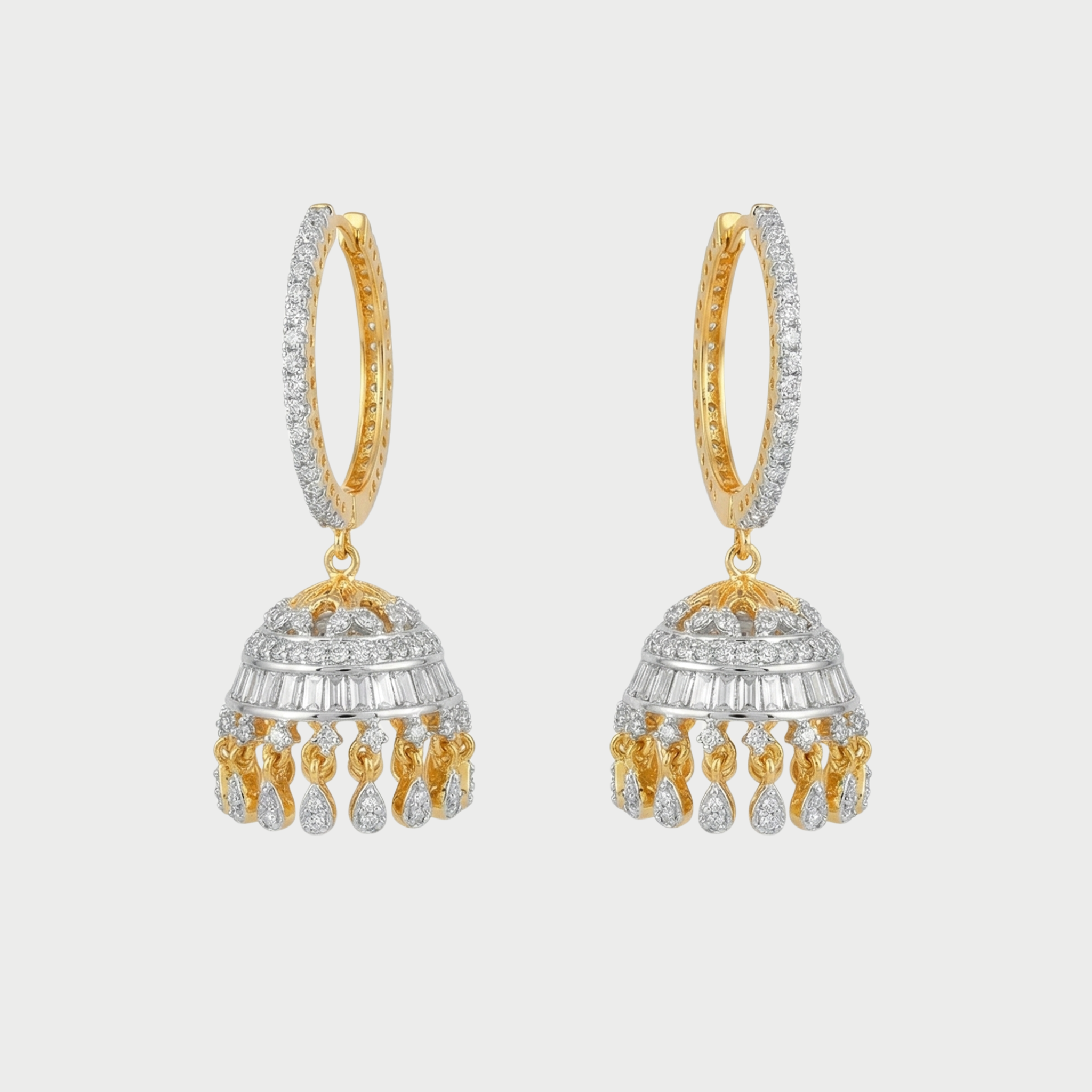 Sona-Ivory Halo Jhumkas two-tone gold jhumka hoops with baguette crystals on gray background