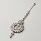 Rani Pearl Tikka detail showing teardrop chain pearl center and bottom pearl cluster