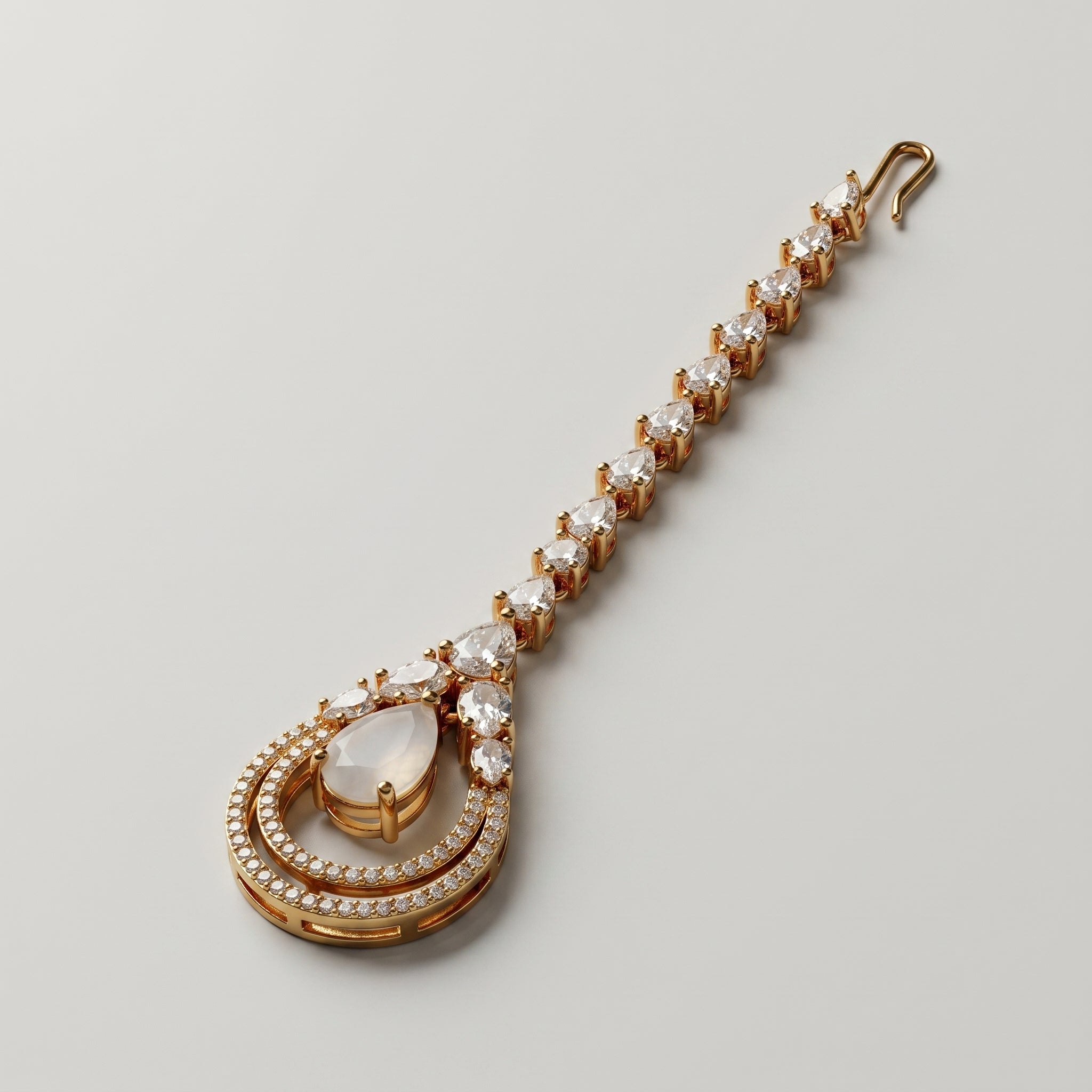 Aira Moonstone Tikka detail showing thirteen-stone chain and milky moonstone center with pavé halo
