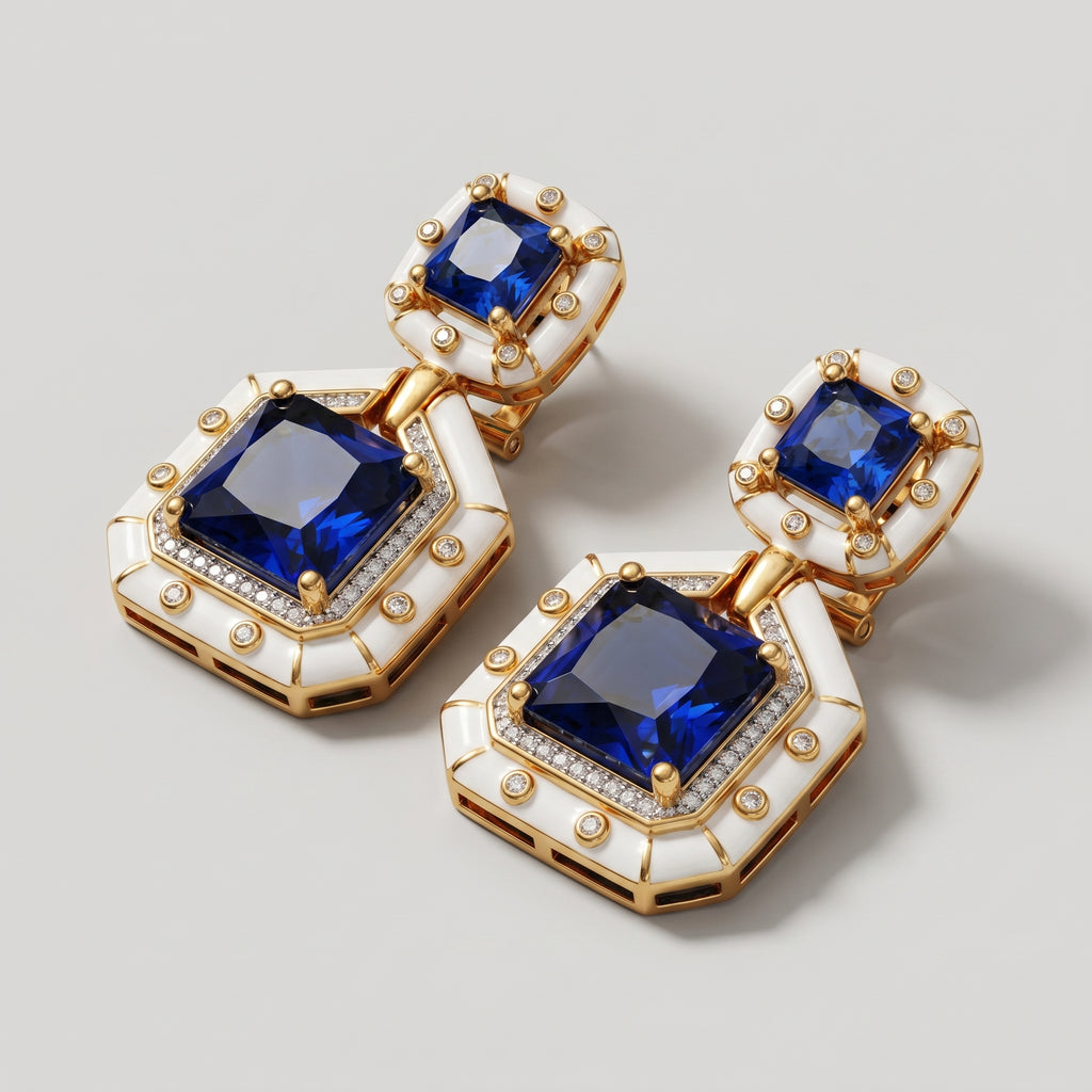 Neelam Enamel Earrings detail showing hinged sections, sapphire-blue centers, and crystal pavé halo