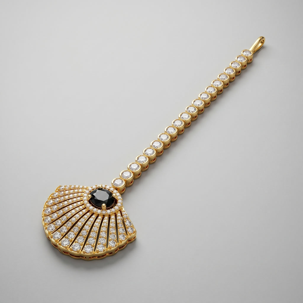 Pearl Onyx Tikka gold maang tikka with black oval fan pendant