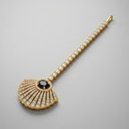Pearl Onyx Tikka gold maang tikka with black oval fan pendant