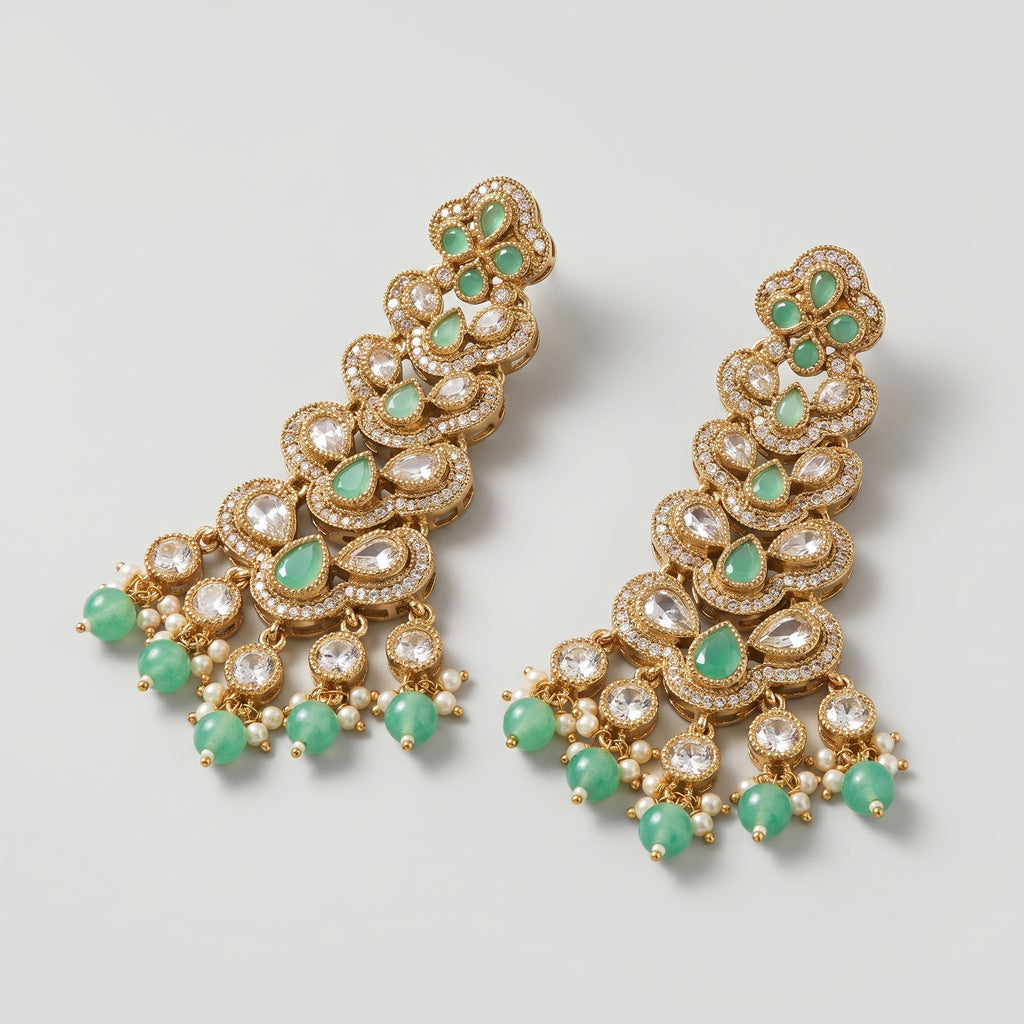 Panna Cascade Earrings detail showing stacked tiers and pearl fringe
