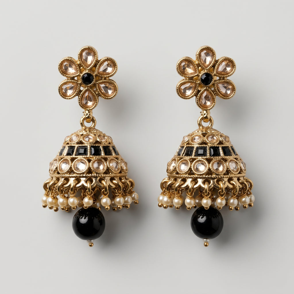 Moti Jhumka Earrings detail showing champagne floral top black stone bands and pearl fringe drop