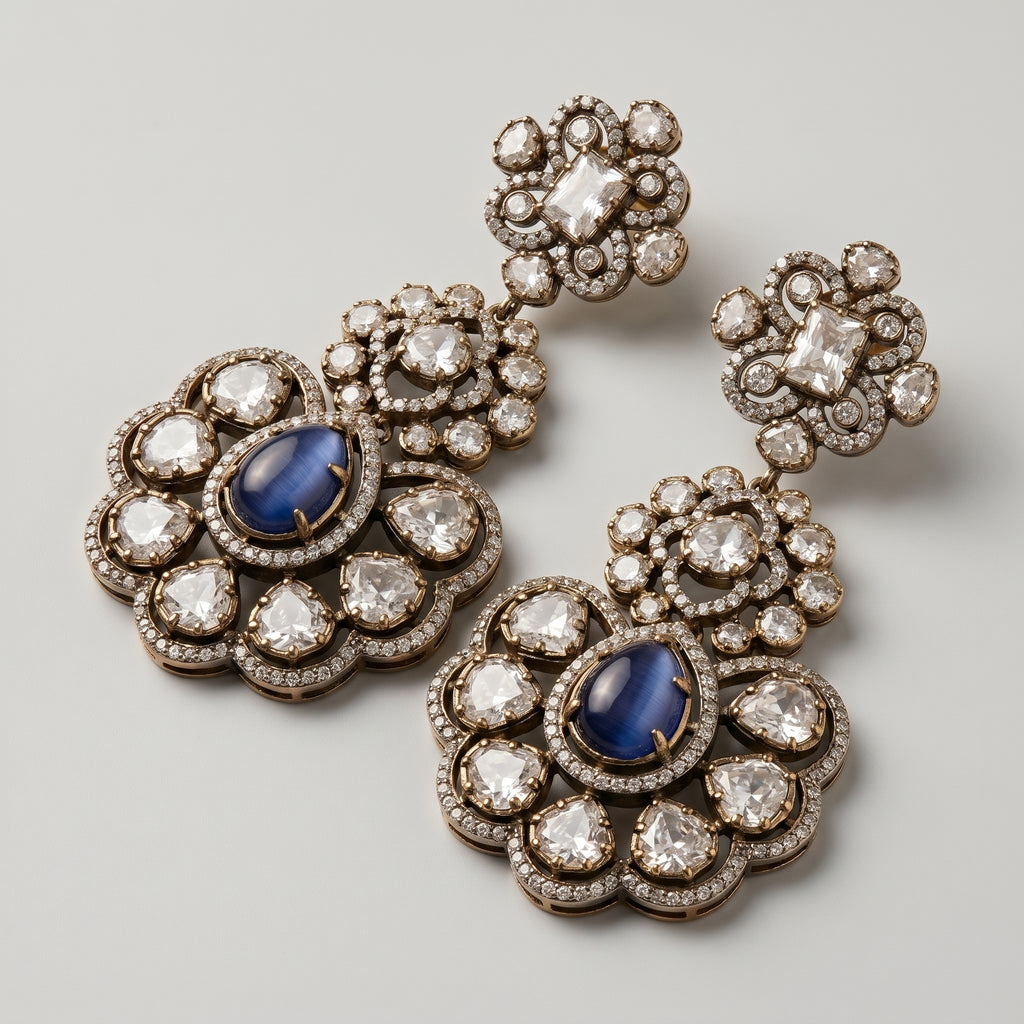 Neelam Bloom Earrings detail showing midnight blue cat's eye center, rose-cut crystal petals, and floral pavé halo