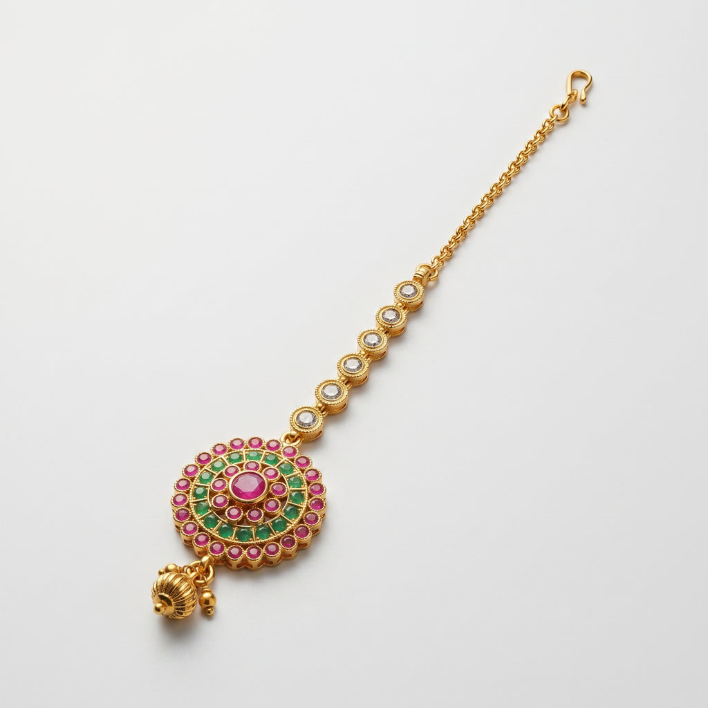 Meenakari Tikka detail showing clear stone stem, pink center, and green pink stone rings