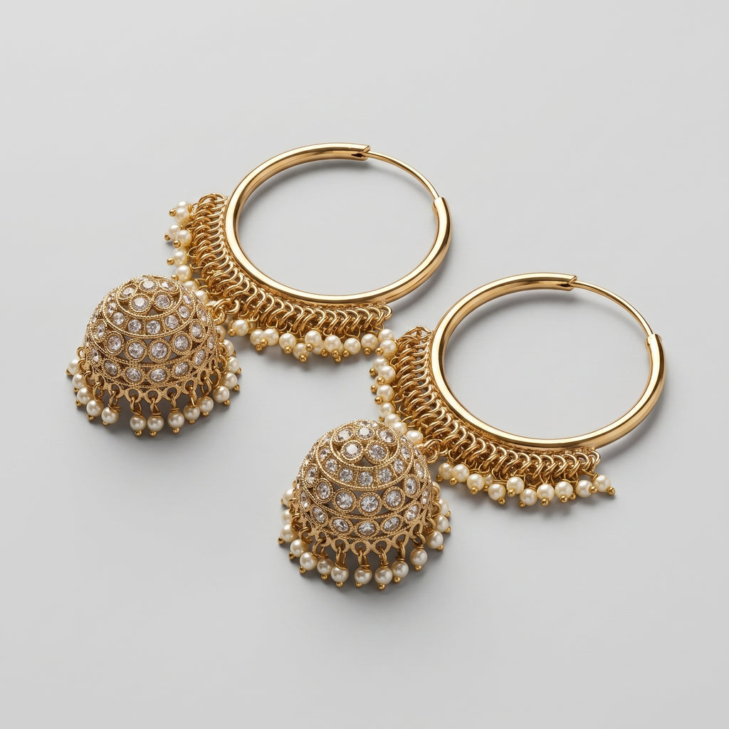 Kundan Moti Earrings detail showing pearl-lined hoop and filigree jhumka with clear stones