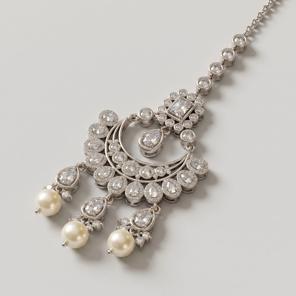 Chandani Pearl Tikka detail showing pave crescent and pearl fringe drops