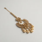 Kashi Pearl Tikka detail showing crystal chain, crescent pendant, and pearl drop fringe