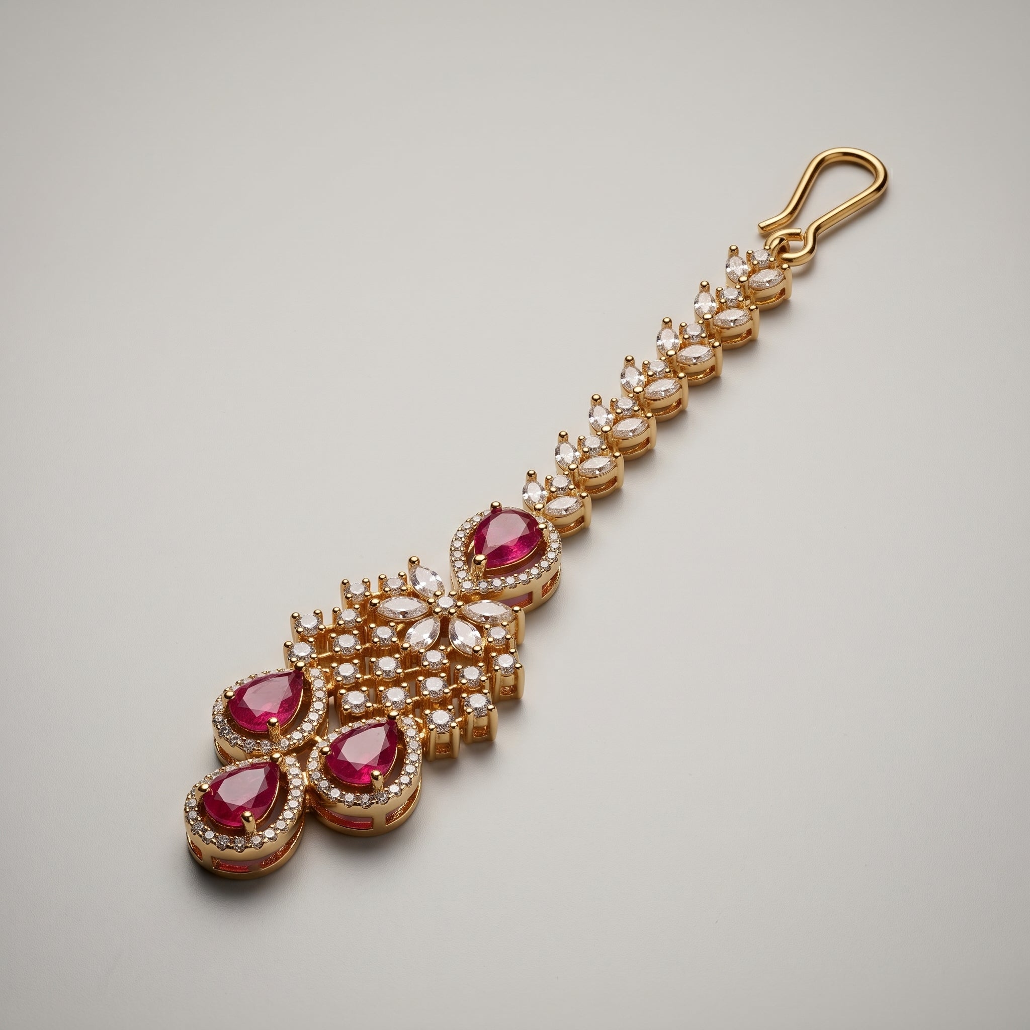 Crimson Bloom Tikka detail showing marquise crystal stem and red stone halos
