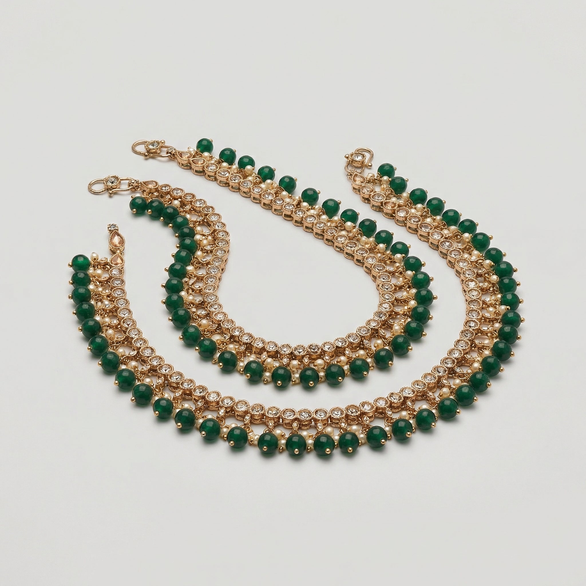 Rani Polki Anklet detail of teardrop stones and green bead fringe