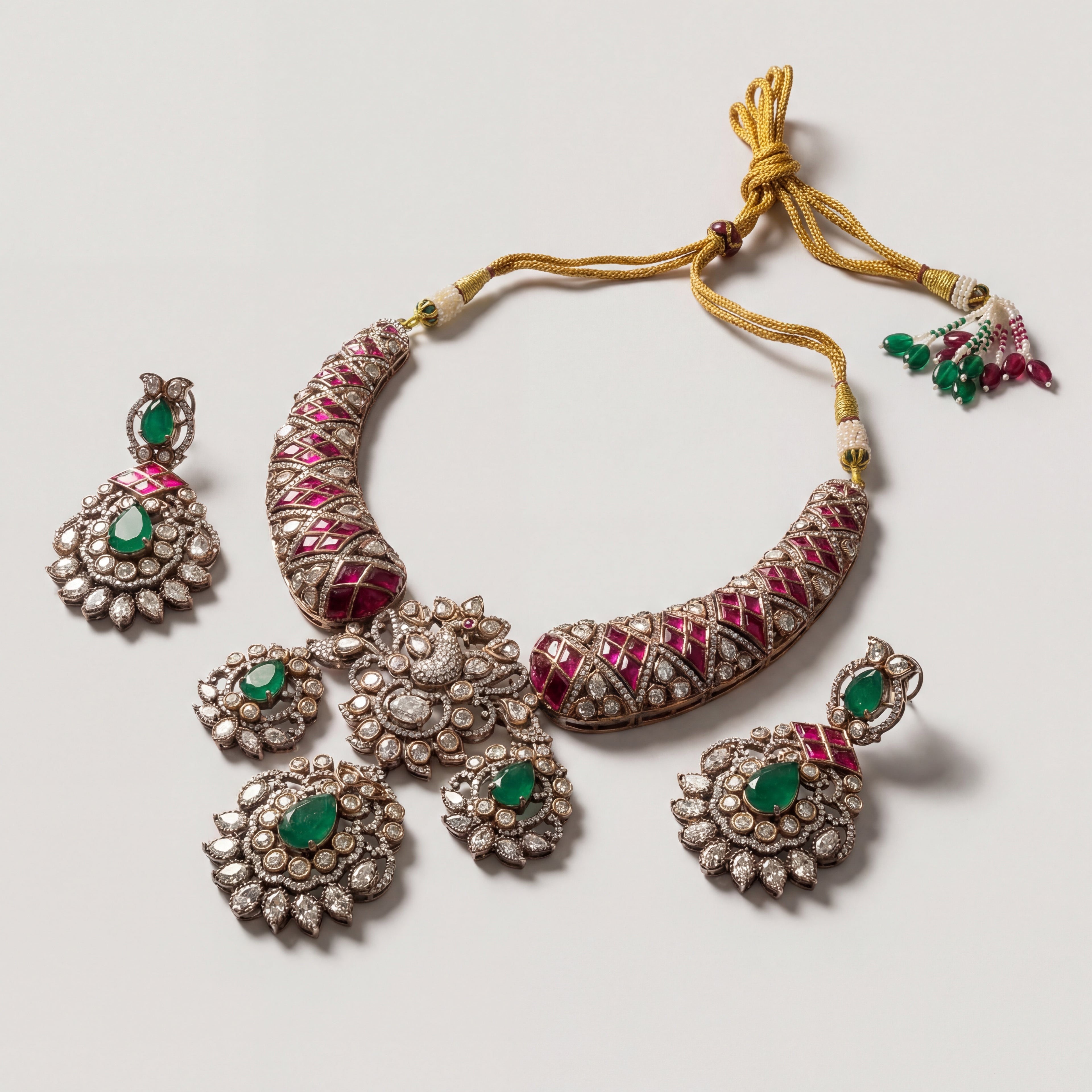 Meena Emerald Necklace Set detail of meenakari lattice and emerald teardrop drops