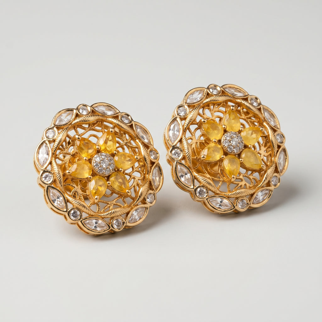 Surajmukhi Earrings detail showing honey-yellow petals, filigree lattice, and scalloped crystal rim