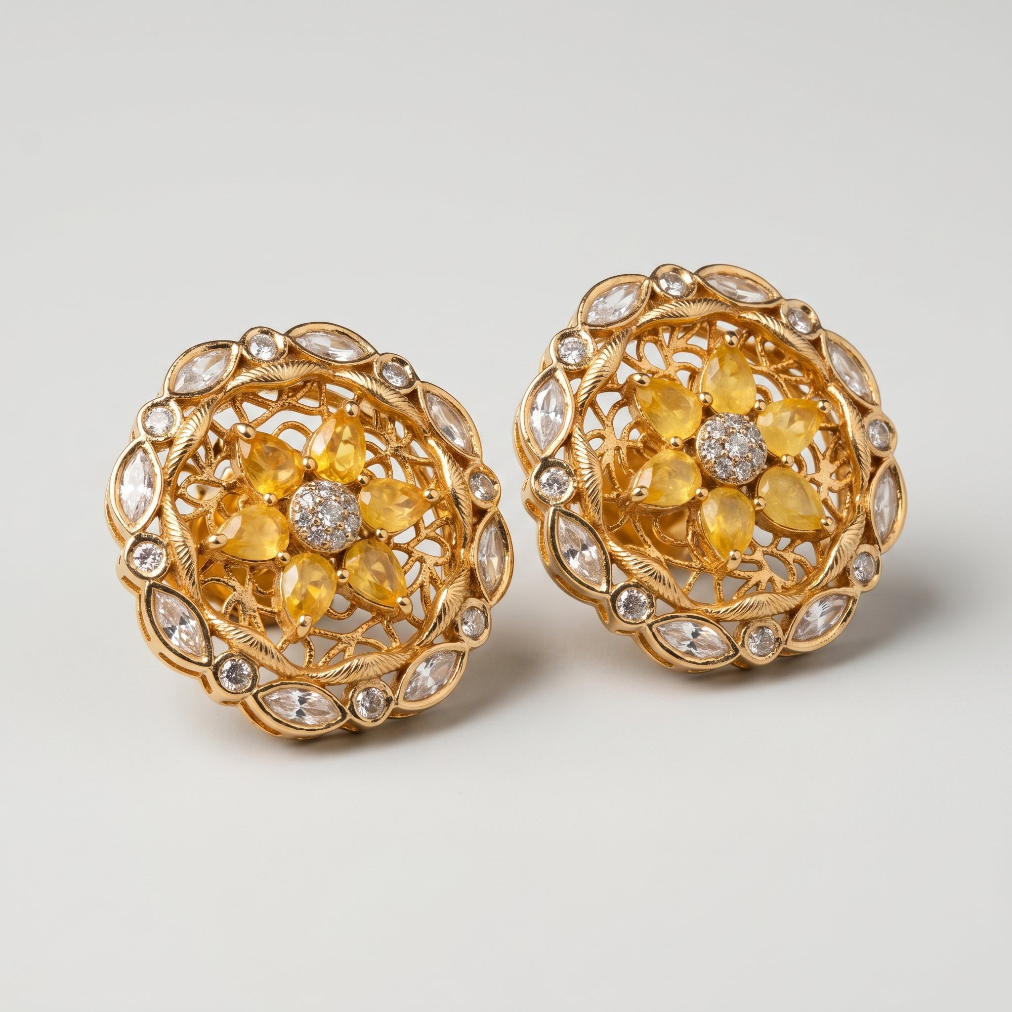 Surajmukhi Earrings detail showing honey-yellow petals, filigree lattice, and scalloped crystal rim
