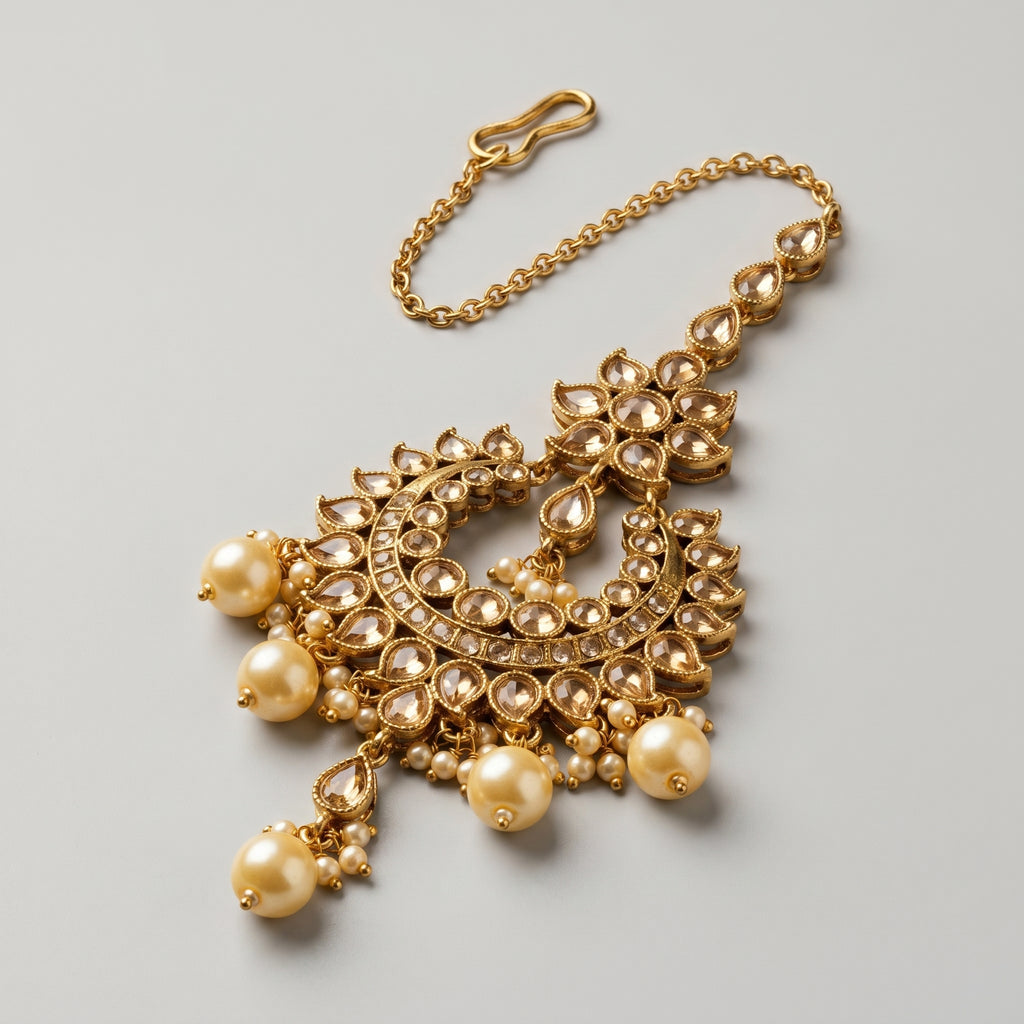 Jadau Pearl Tikka detail showing crystal chain, crescent pendant, and pearl drop fringe