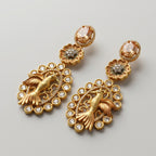Hansini Drop Earrings detail showing champagne oval stud floral link and filigree bird oval drop
