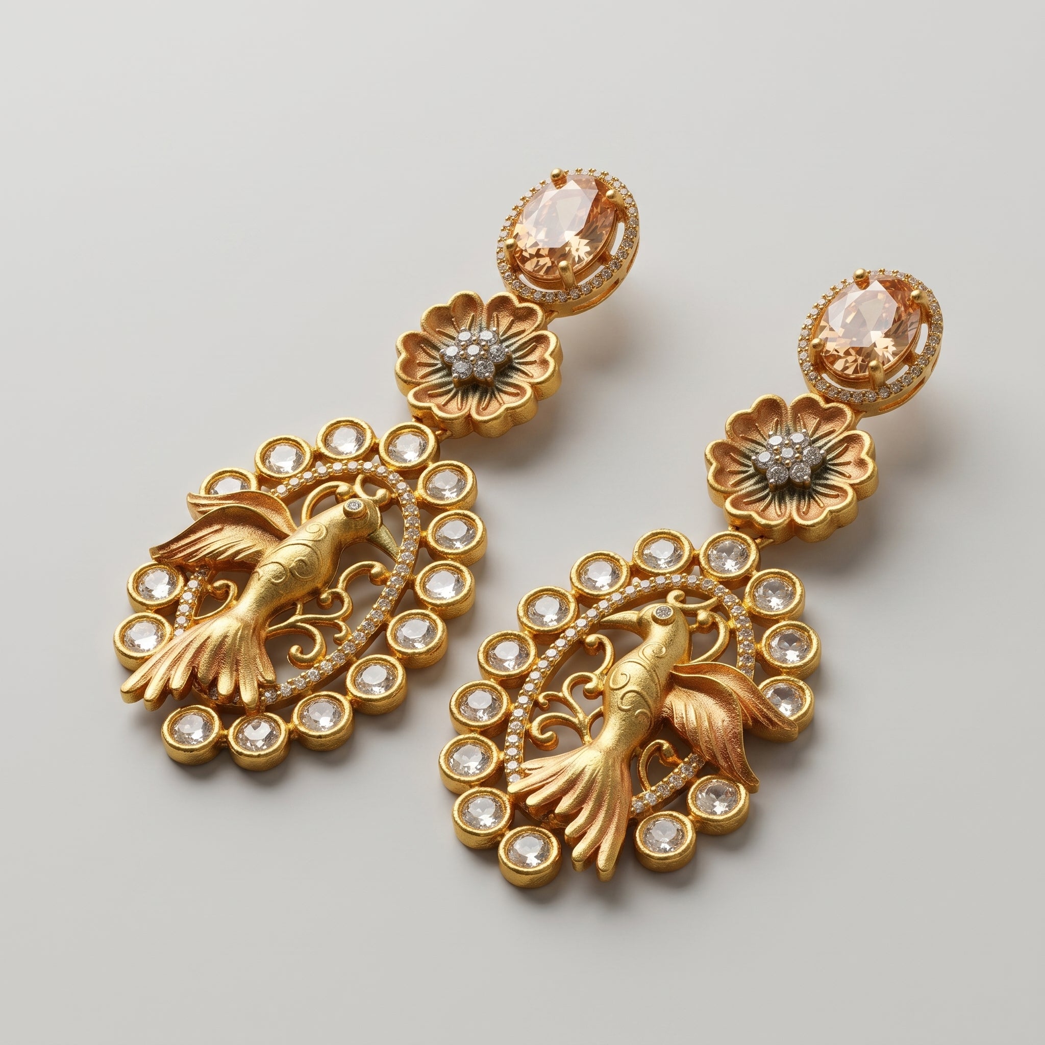 Hansini Drop Earrings detail showing champagne oval stud floral link and filigree bird oval drop