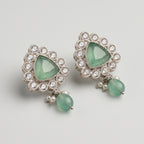 Rani Aqua Earrings detail showing crystal halo triangular cabochon and green bead pearl drop