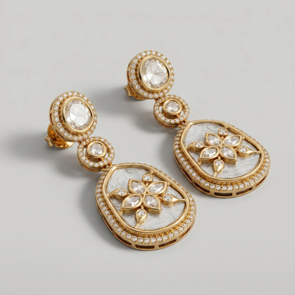 Polki Bloom Earrings detail showing rose-cut crystal stud, floral filigree overlay, and mother-of-pearl shield panel