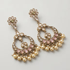 Chandni Pearl Earrings detail showing polki crescent, pink stone row, and cream pearl dangles