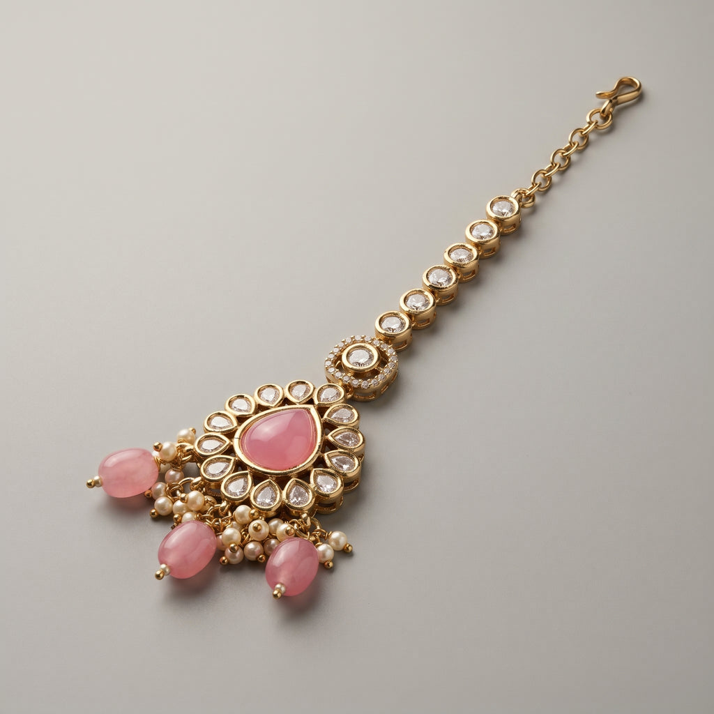 Rani Gulabi Tikka detail showing pink teardrop centerpiece and crystal halo