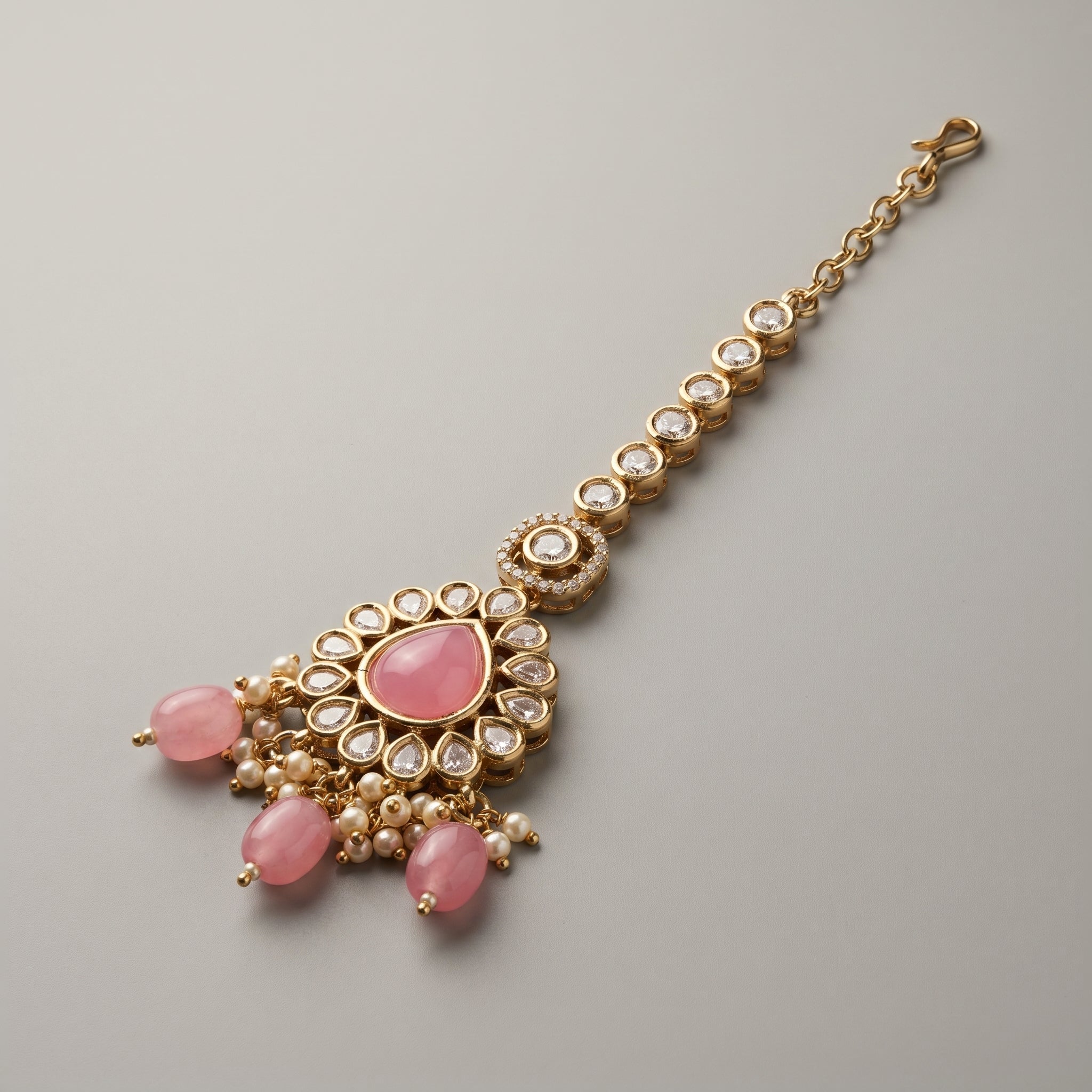 Rani Gulabi Tikka detail showing pink teardrop centerpiece and crystal halo