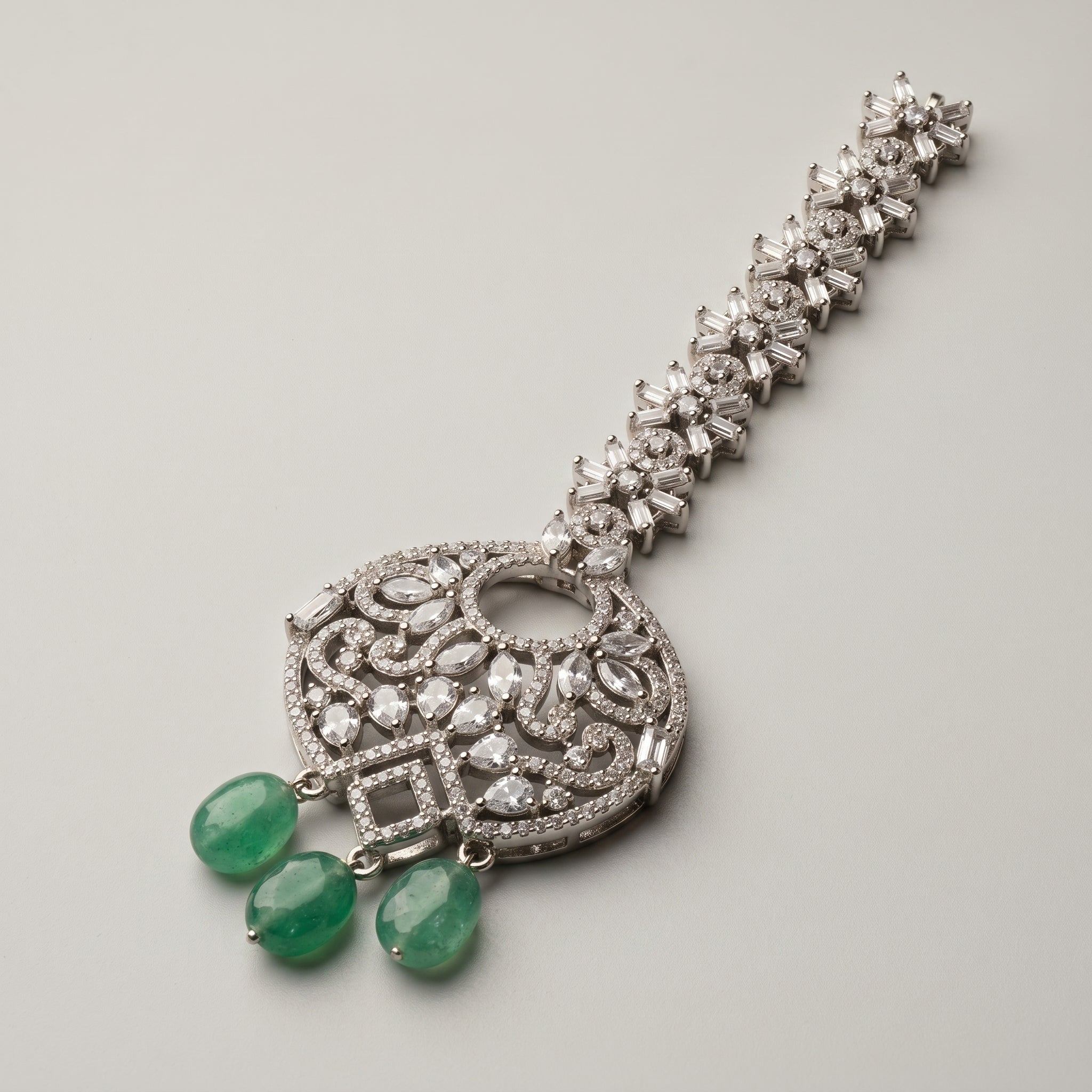 Panna Crystal Tikka detail showing floral link chain filigree pendant and mint drops