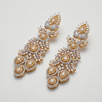 Regal Gold Earrings detail showing marquise crystal branches and triple champagne teardrop cluster